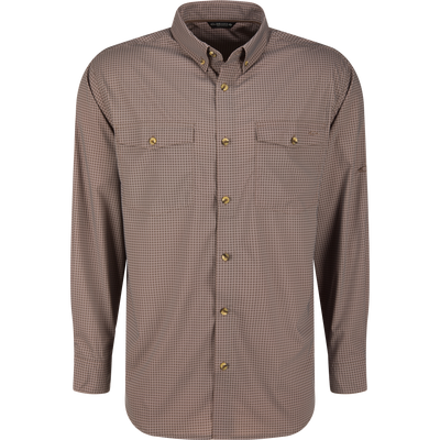 Frat Gingham Check Button-Down Long Sleeve Shirt with houndstooth pattern, two flap pockets, and adjustable sleeves, ideal for versatile outdoor wear.