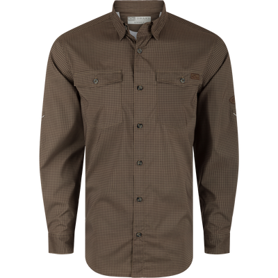 A brown Frat Gingham Check Button-Down Shirt with hidden collar, chest pockets, and vented back. Lightweight, moisture-wicking fabric with UPF30 sun protection and sculpted hem. Ideal for hunting and outdoor activities.