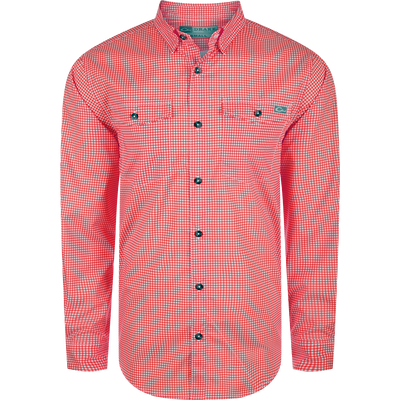 A performance-driven Drake Frat Gingham Check Button-Down Shirt in red and white. Features include UPF30, moisture-wicking fabric, hidden collar, chest pockets, and adjustable sleeves. Ideal for outdoor activities.