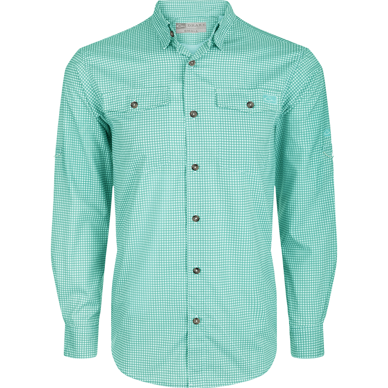 Frat Gingham Check Shirt L/S: Lightweight, moisture-wicking shirt with UPF30 sun protection. Classic fit, hidden button-down collar, and vented cape back. Two chest pockets and adjustable roll-up sleeves with tab holder. Sculpted hem and built-in sunglass wipe.