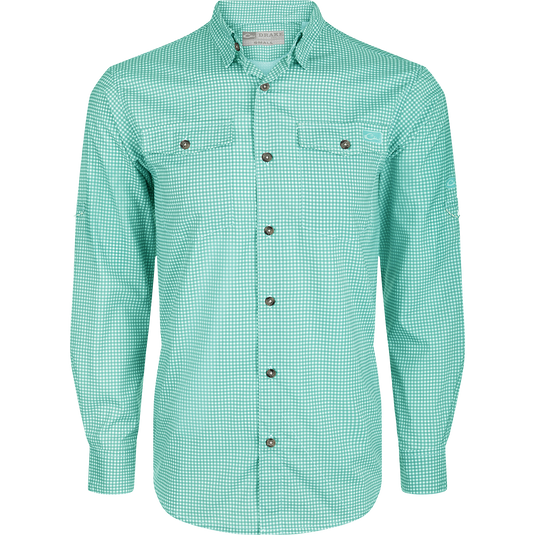 Frat Gingham Check Shirt L/S: Lightweight, moisture-wicking shirt with UPF30 sun protection. Classic fit, hidden button-down collar, and vented cape back. Two chest pockets and adjustable roll-up sleeves with tab holder. Sculpted hem and built-in sunglass wipe.