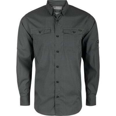Frat Gingham Check Button-Down Long Sleeve Shirt with vented cape back, two chest pockets, and adjustable sleeves, tailored for performance and comfort.