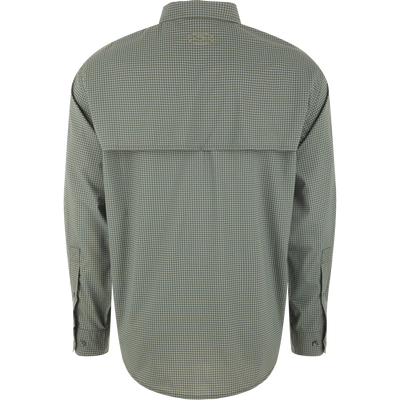 Back view of the Drake Frat Gingham Check Button-Down Long Sleeve Shirt, featuring a micro-check pattern, vented cape back, and buttoned cuffs for versatile outdoor use.