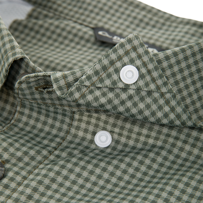 Close-up of Frat Gingham Check Button-Down Long Sleeve Shirt's collar showcasing green-and-tan houndstooth fabric, white snap buttons, and top stitching.