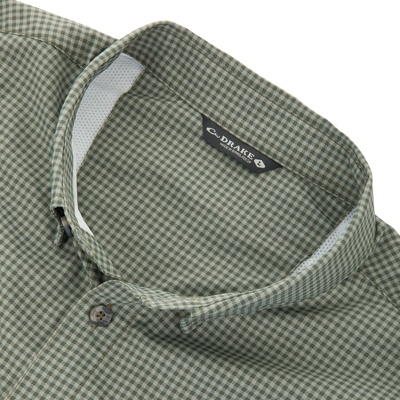 Close-up of the Drake Frat Gingham Check Button-Down Long Sleeve Shirt collar, showing a green micro-check pattern and Drake – Made in Bangladesh label, size L.