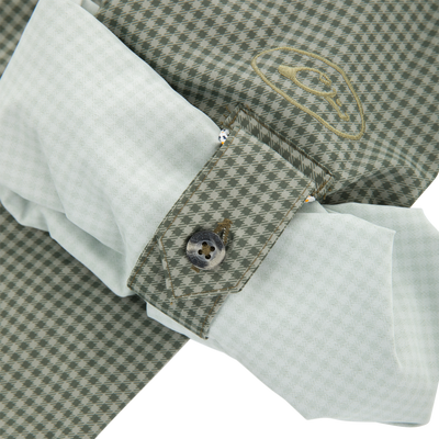 Close-up of Frat Gingham Check Button-Down Long Sleeve Shirt cuff with houndstooth pattern, showcasing button detail and matching necktie fabric swatch.