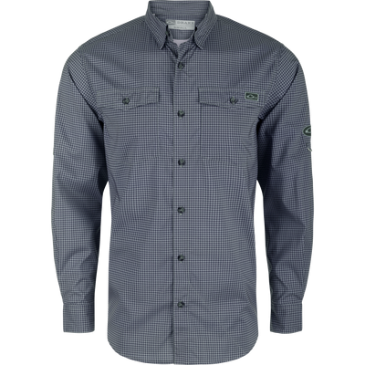 Frat Gingham Check Button-Down Long Sleeve Shirt with button-down collar, chest pockets, and adjustable sleeves, designed for comfort and functionality in outdoor activities.