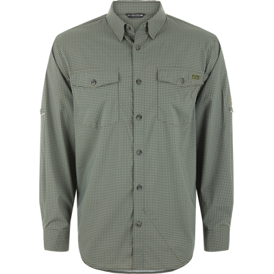 Drake Frat Gingham Check Button-Down Long Sleeve Shirt styled on a mannequin, featuring roll-up sleeves, two flap pockets, and a vented cape back.