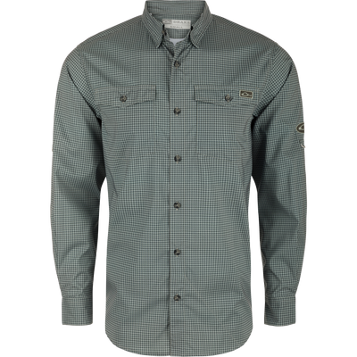 A Drake Frat Gingham Check Button-Down Long Sleeve Shirt with performance fabric, UPF30 sun protection, hidden collar, and chest pockets. Ideal for hunting and outdoor activities.