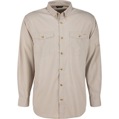 Men’s Frat Gingham Check Button-Down Long Sleeve Shirt on mannequin, featuring a point collar, flap chest pockets, button placket, and textured, lightweight fabric.