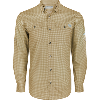 Frat Gingham Check Shirt L/S - A classic fit shirt with hidden button-down collar, vented cape back, and two chest pockets. Features include UPF30 sun protection, moisture-wicking fabric, and adjustable roll-up sleeves. Lightweight and stretchy, perfect for outdoor activities.