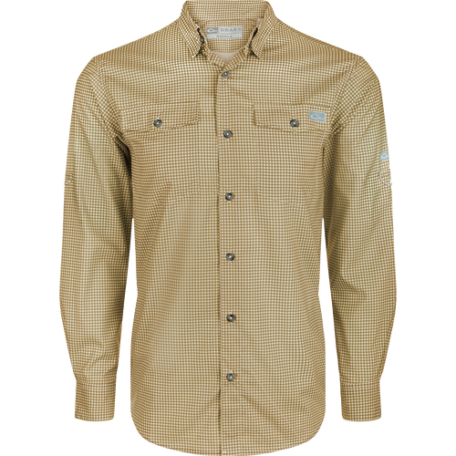 Frat Gingham Check Shirt L/S - A classic fit shirt with hidden button-down collar, vented cape back, and two chest pockets. Features include UPF30 sun protection, moisture-wicking fabric, and adjustable roll-up sleeves. Lightweight and stretchy, perfect for outdoor activities.