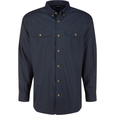 Drake Frat Gingham Check Button-Down Long Sleeve Shirt with micro-check pattern, two chest pockets, button-down collar, and adjustable sleeves, ideal for versatile outdoor and casual wear.