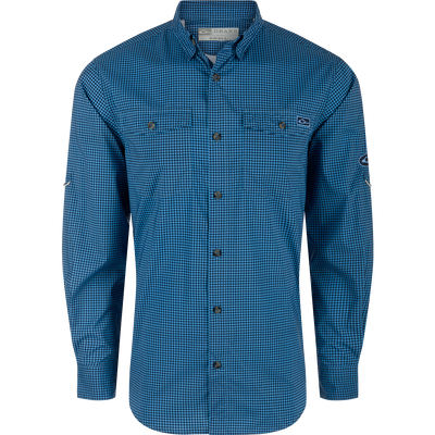 A high-performance Drake Frat Gingham Check Button-Down Shirt with UPF30, moisture-wicking fabric, and hidden collar. Ideal for hunting and outdoor activities.
