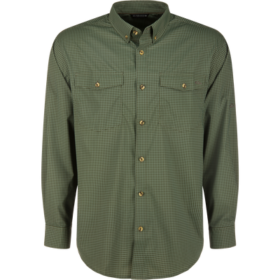 Frat Gingham Check Button-Down Long Sleeve Shirt, featuring a small green check pattern, button-down collar, two chest pockets, and adjustable roll-up sleeves with a vented cape back.