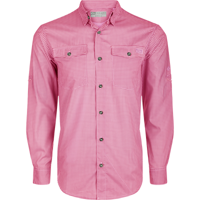 Red and white checkered Frat Gingham Check Shirt L/S with a hidden button-down collar, two chest pockets, and adjustable roll-up sleeves with tab holder.