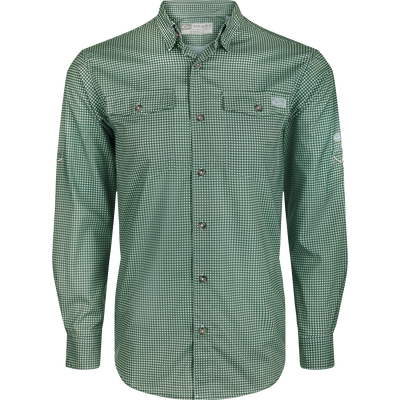 Frat Gingham Check Shirt L/S: Lightweight, moisture-wicking shirt with UPF30 sun protection. Classic fit, hidden button-down collar, and vented cape back. Two chest pockets and adjustable roll-up sleeves with tab holder. Sculpted hem and built-in sunglass wipe.