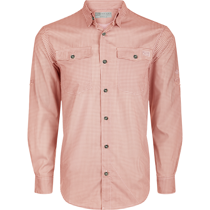 Frat Gingham Check Shirt L/S: Lightweight, moisture-wicking shirt with UPF30 sun protection. Classic fit, hidden button-down collar, and two chest pockets. Adjustable roll-up sleeves and built-in sunglass wipe. Vented cape back for ease of movement.