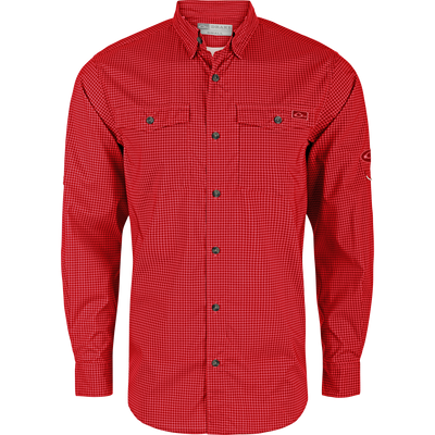 Frat Gingham Check Button-Down Long Sleeve Shirt with point collar, two flap pockets, contrasting buttons, and Drake brand tag inside collar.