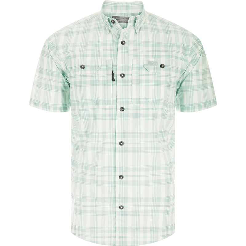 Frat Faded Plaid Short Sleeve Shirt with hidden button down collar, vented cape back, and two chest pockets. Lightweight and moisture-wicking.