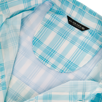 Frat Faded Plaid Button-Down Short Sleeve Shirt with vented cape back, button-through flap chest pockets, and sculpted hem, ideal for active outdoor pursuits.