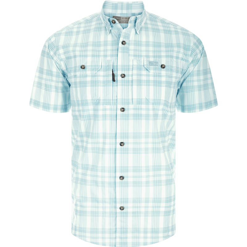 Frat Faded Plaid Short Sleeve Shirt with hidden button down collar, vented cape back, and two chest pockets. Lightweight and stretchy.