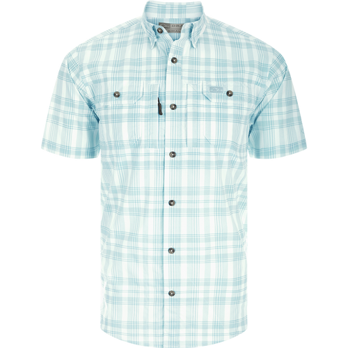 Frat Faded Plaid Short Sleeve Shirt with hidden button down collar, vented cape back, and two chest pockets. Lightweight and stretchy.
