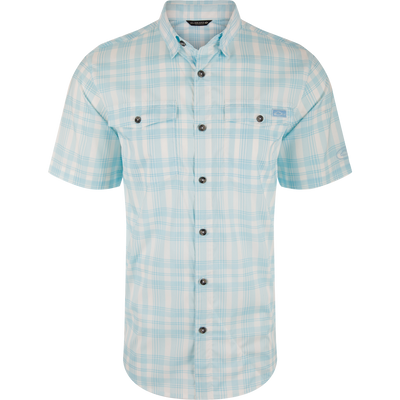 Frat Faded Plaid Button-Down Short Sleeve Shirt with hidden button collar, vented cape back, and two chest pockets, ideal for active outdoor adventures.
