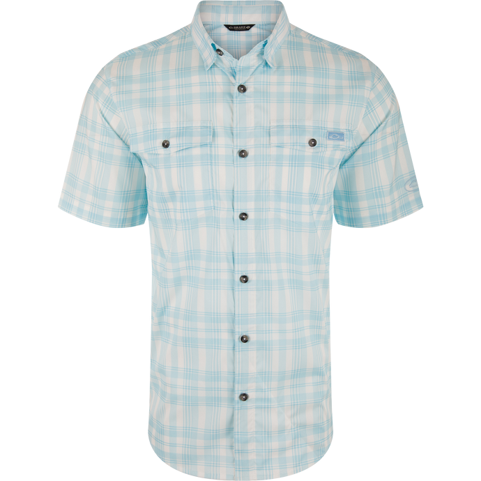 Frat Faded Plaid Button-Down Short Sleeve Shirt with hidden button collar, vented cape back, and two chest pockets, ideal for active outdoor adventures.