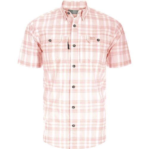 Frat Faded Plaid Short Sleeve Shirt with hidden collar, vented back, and chest pockets. Lightweight, stretchy, and quick-drying.