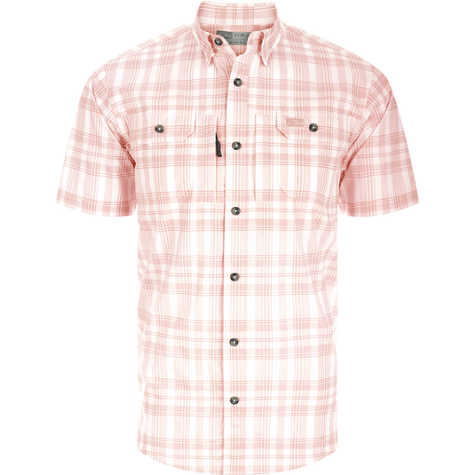 Frat Faded Plaid Short Sleeve Shirt with hidden collar, vented back, and chest pockets. Lightweight, stretchy, and quick-drying.
