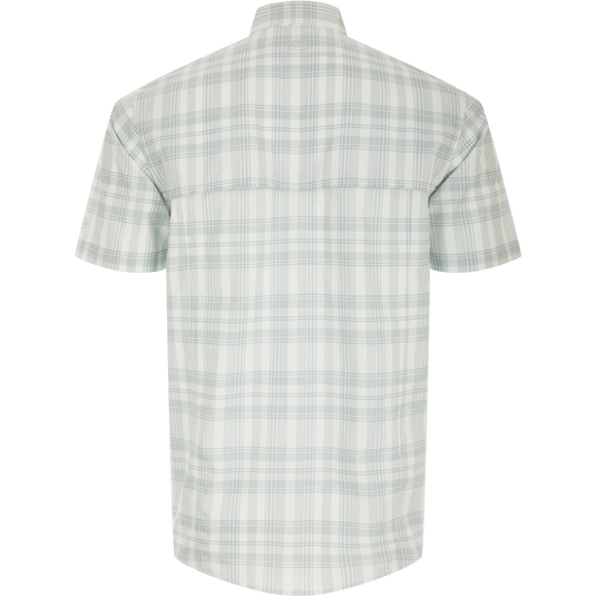 Frat Faded Plaid Short Sleeve Shirt with hidden collar, vented back, and chest pockets. Lightweight, stretchy, and quick-drying for active lifestyles.