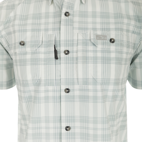 Frat Faded Plaid Short Sleeve Shirt with hidden collar, vented back, and chest pockets. Lightweight, stretchy, and quick-drying for an active lifestyle.