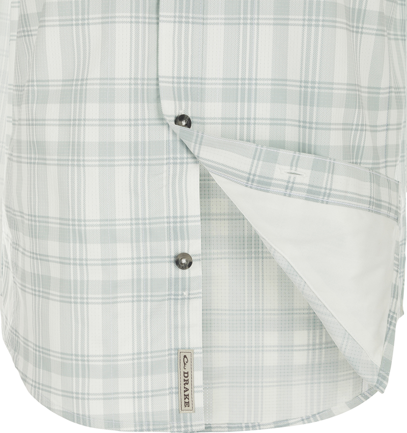 Frat Faded Plaid Short Sleeve Shirt with hidden button collar, vented cape back, and chest pockets. Lightweight, stretchy, and sun-protective.