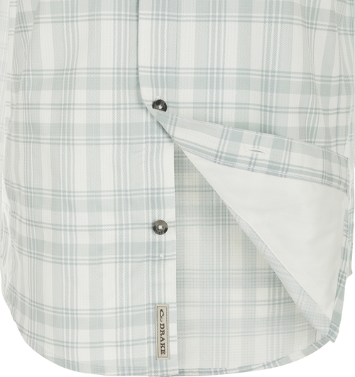 Frat Faded Plaid Short Sleeve Shirt with hidden button collar, vented cape back, and chest pockets. Lightweight, stretchy, and sun-protective.