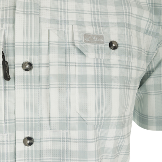 Frat Faded Plaid Short Sleeve Shirt: Lightweight shirt with hidden button collar, vented cape back, and two chest pockets.