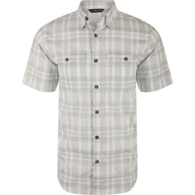 Frat Faded Plaid Button-Down Short Sleeve Shirt with hidden collar, vented back, chest pockets, and sculpted hem, ideal for active, outdoor enthusiasts.