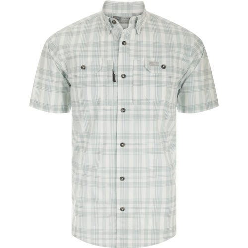 Frat Faded Plaid Short Sleeve Shirt with hidden collar, vented back, and chest pockets. Lightweight, stretchy, and quick-drying for active lifestyles.