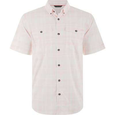 Frat Faded Plaid Button-Down Short Sleeve Shirt, featuring a light pink-and-white plaid, dark buttons, flap chest pockets, and a button-down collar for active wear.