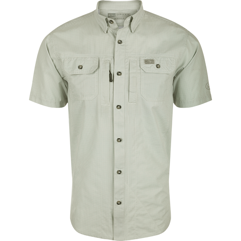Desert Sage Frat Houndstooth Check Short Sleeve Shirt featuring classic design with built-in stretch, UPF 30 sun protection, and moisture-wicking properties.