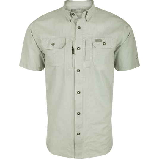 Desert Sage Frat Houndstooth Check Short Sleeve Shirt featuring classic design with built-in stretch, UPF 30 sun protection, and moisture-wicking properties.