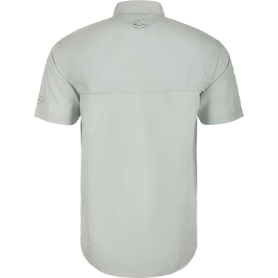 Backside of Short sleeve shirt with houndstooth check design, built-in stretch, UPF 30 sun protection, and moisture-wicking properties.