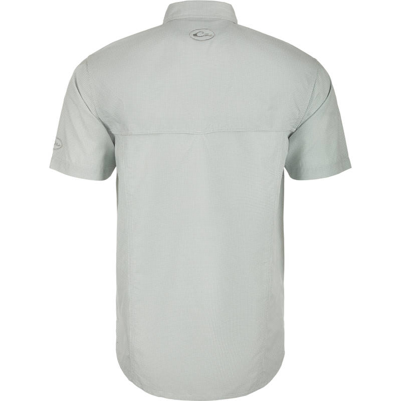 Backside of Short sleeve shirt with houndstooth check design, built-in stretch, UPF 30 sun protection, and moisture-wicking properties.