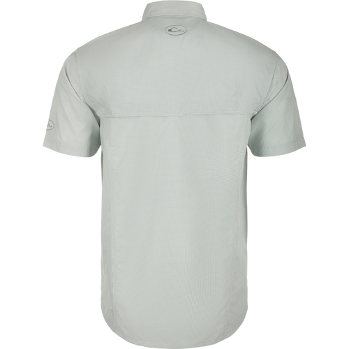 Backside of Short sleeve shirt with houndstooth check design, built-in stretch, UPF 30 sun protection, and moisture-wicking properties.