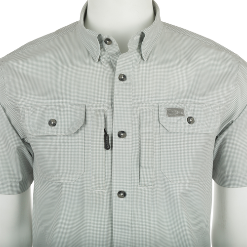 Frat Houndstooth Check Short Sleeve Shirt with hidden collar, chest pockets, and sunglass wipe for outdoor adventures.