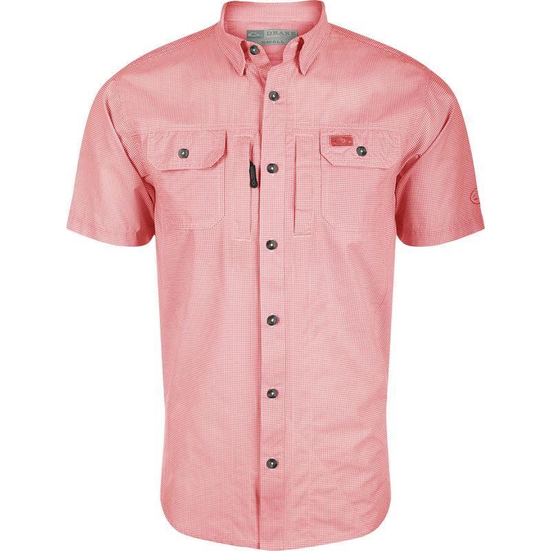 Shell Pink Frat Houndstooth Check Short Sleeve Shirt with button details and collar, ideal for outdoor adventures.