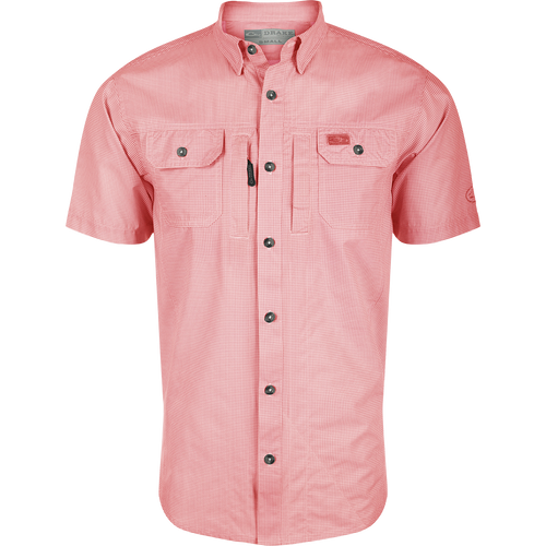 Shell Pink Frat Houndstooth Check Short Sleeve Shirt with button details and collar, ideal for outdoor adventures.