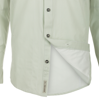 A Drake Waterfowl Frat Houndstooth Check Button-Down Shirt with hidden collar, chest pockets, and vented back. Features include UPF30, moisture-wicking fabric, and sculpted hem for versatile wear.