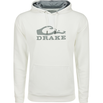 Alt text: Drake Performance Stacked Logo Hoodie with kangaroo pocket and adjustable drawstring hood, made of stretchy polyester-spandex fleece.