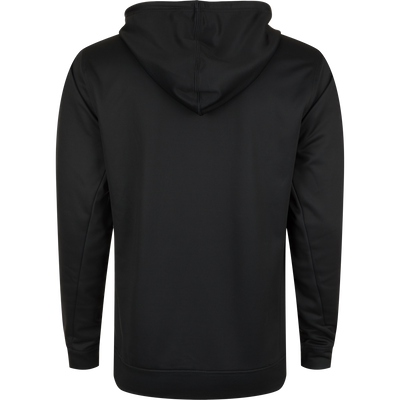 Alt text: Drake Performance Stacked Logo Hoodie with hood, kangaroo pocket, and adjustable drawstrings, made from stretchable polyester-spandex fleece.